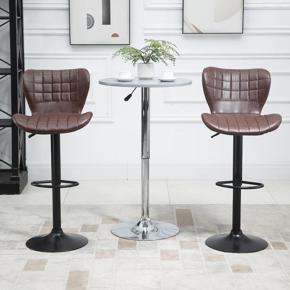 image 1 of HOMCOM Bar Stools Set of 2 Adjustable Height Swivel Bar Chairs in PU Leather with Backrest & Footrest, Brown