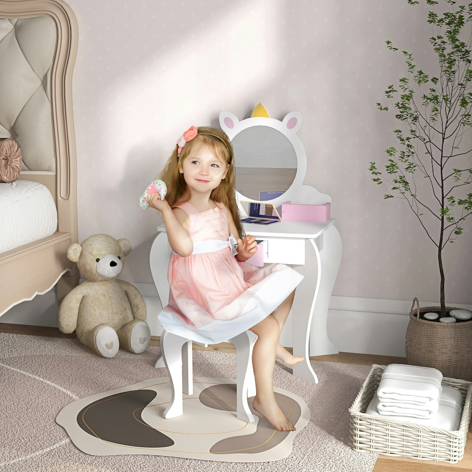 image 1 of ZONEKIZ Kids Dressing Table with Mirror and Stool, Drawer, Storage Boxes - White White | Pink