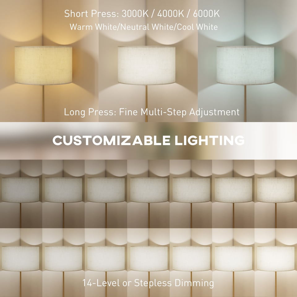 image 1 of HOMCOM Floor Lamp with Remote, Height Adjustable Standing Lamp with Linen Shade, Dimmable with 3000K-6000K Adjustable Colour Temperatures, Foot Switch for Living Room Bedroom Office, Gold Tone | Gold