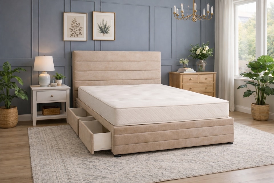 image 1 of Divan Bed Set Headboard and Footboard with Mattress 2ft6 Small Single Beige Suede Storage No Drawers