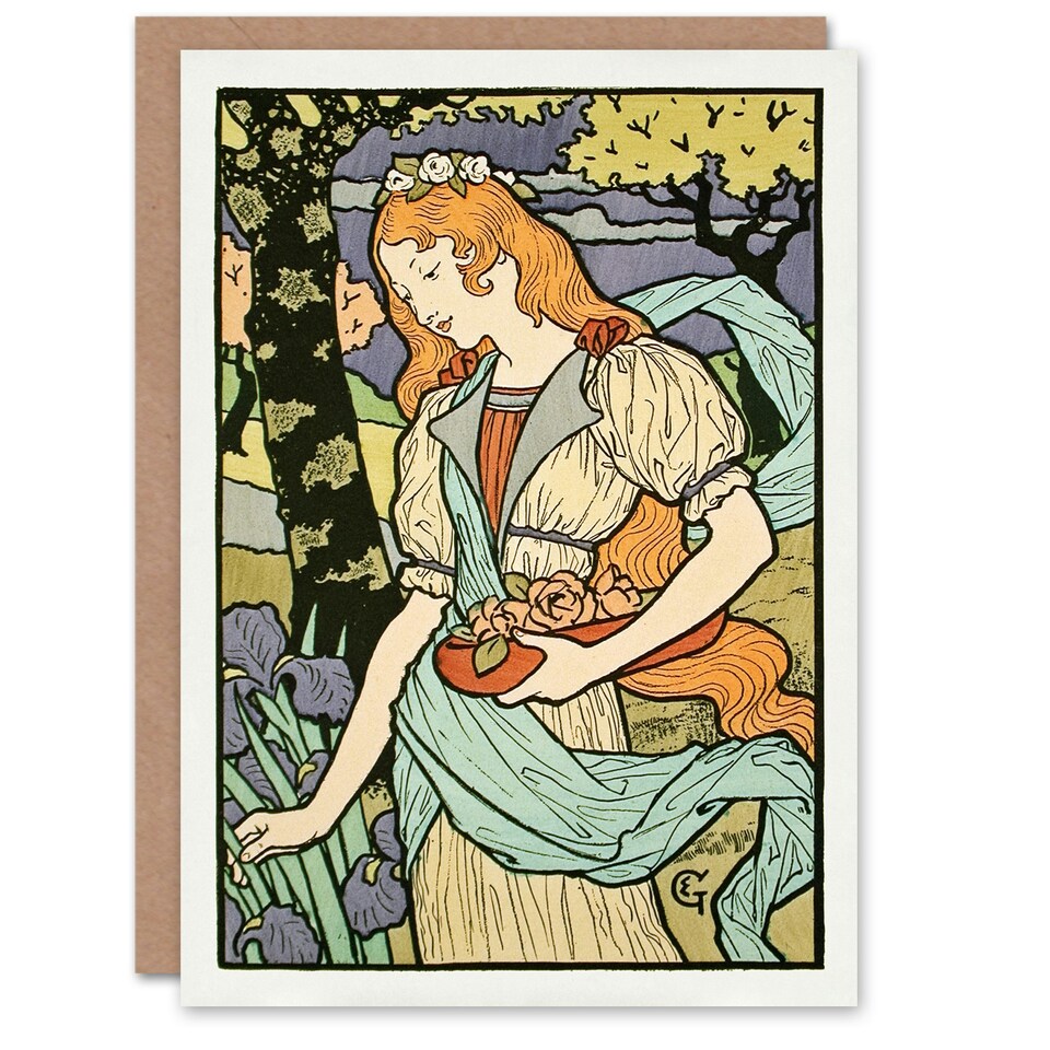 image 1 of Eugene Grasset Art Card Salon des Cent Woman Picking Flowers