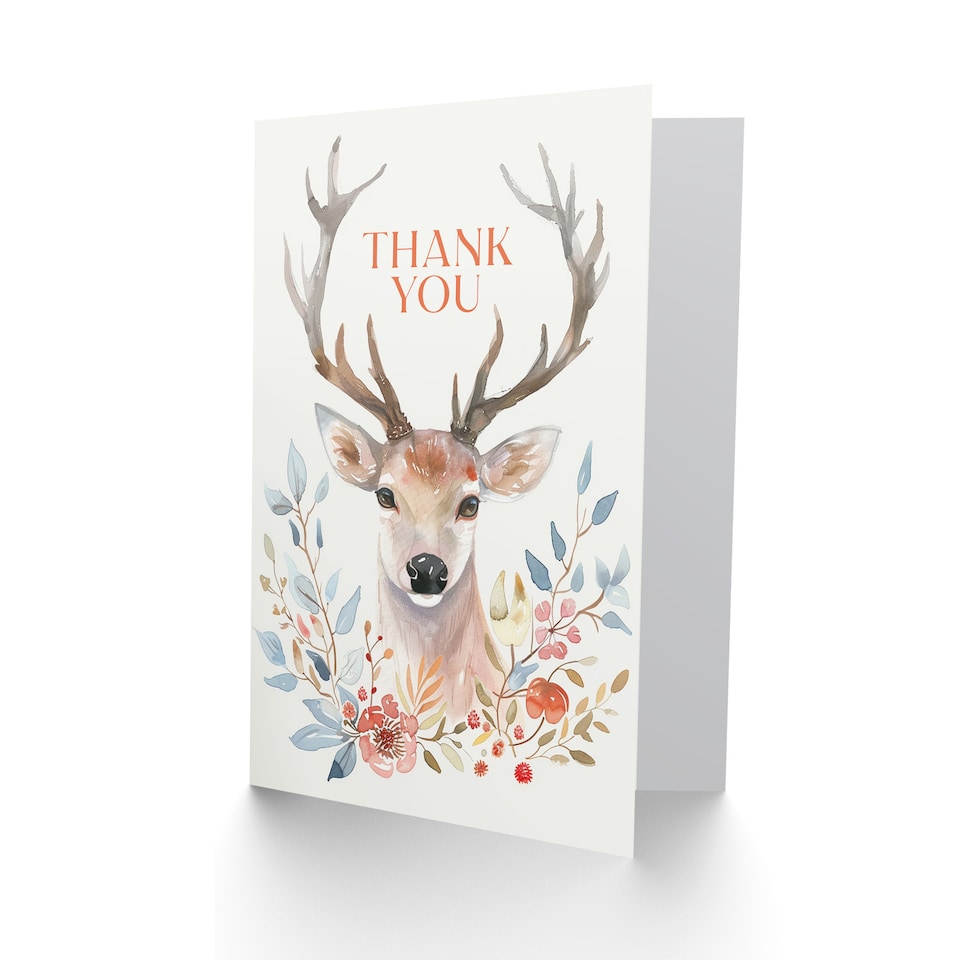 image 1 of Elegant Stag With Autumn Wild Flowers Watercolour Thank You Card