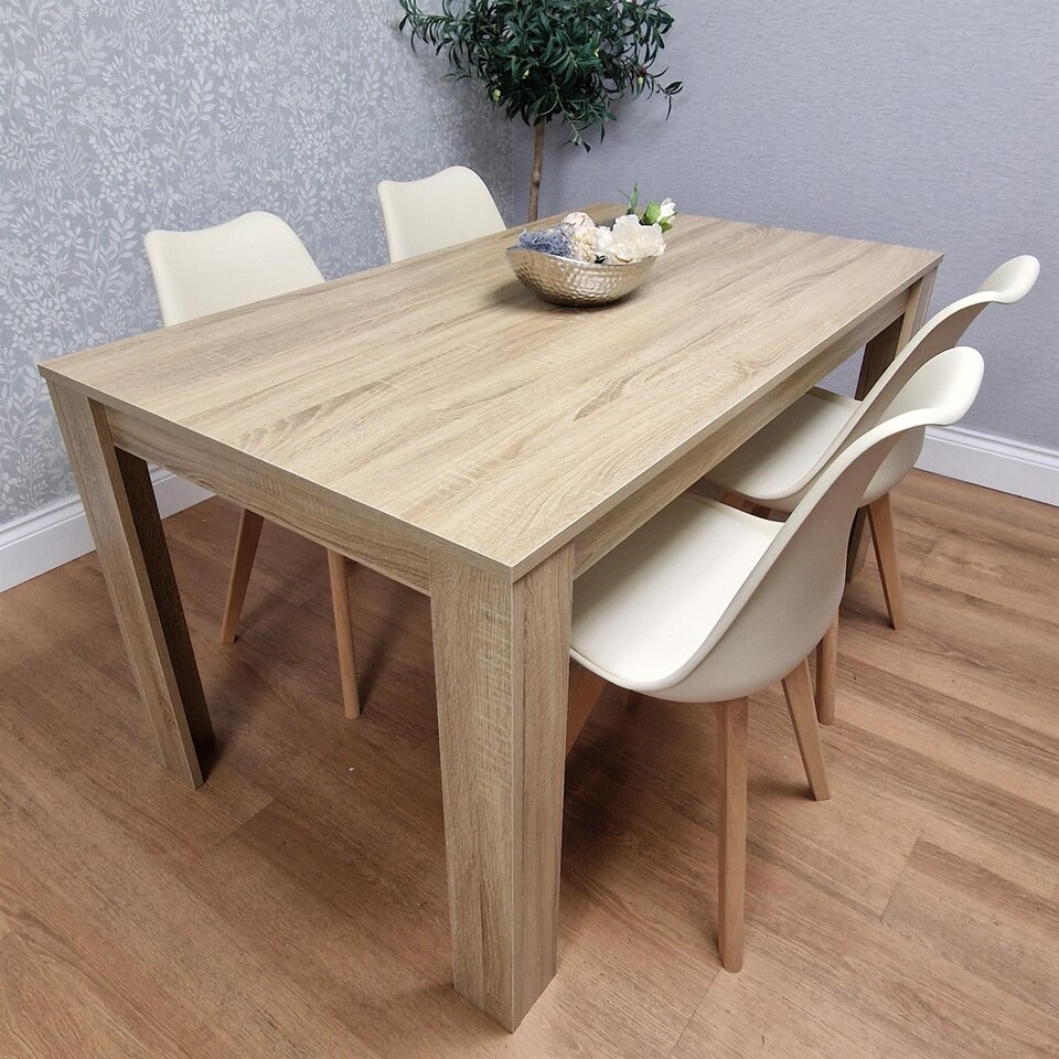 image 1 of Dining Table Set Oak Effect Table With 4 Cream Plastic Chairs Dining Room Furniture | Cream | One Size | 5