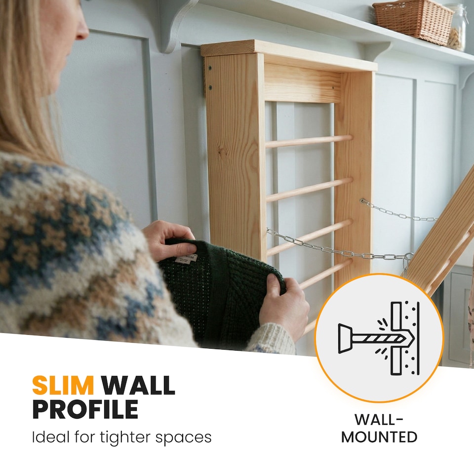image 1 of Natural Wall Mounted Wooden Clothes Drying Rack with Double side Rails - Foldable and Space-Saving Clothes Airer