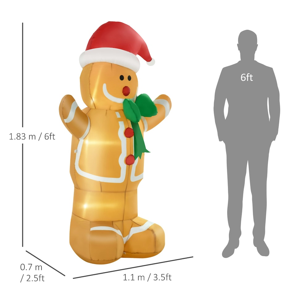 image 1 of HOMCOM 6ft Inflatable Gingerbread Man Santa Hat LED Outdoor Multicolor