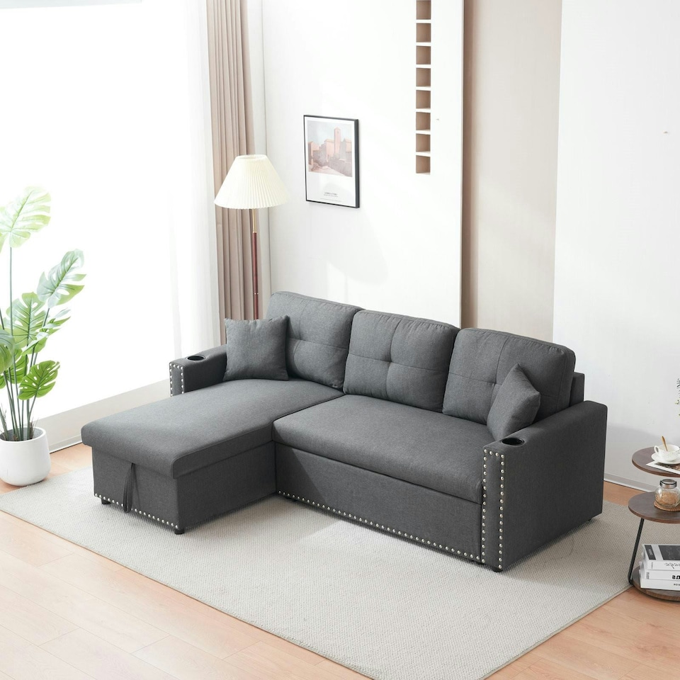 image 1 of Sofabed 3 Seater Reversible Sectional Sofa Sleeper Set with Storage Chaise, Built-in Cupholder, Decorative Rivets, Pull-out Bed, and Light Grey Fabric Grey