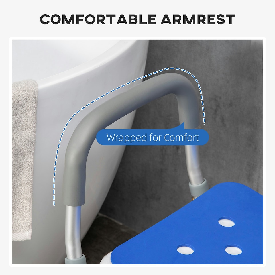 image 1 of HOMCOM EVA Padded Shower Stool with Arms and Back, 4 Suction Foot Pads Blue