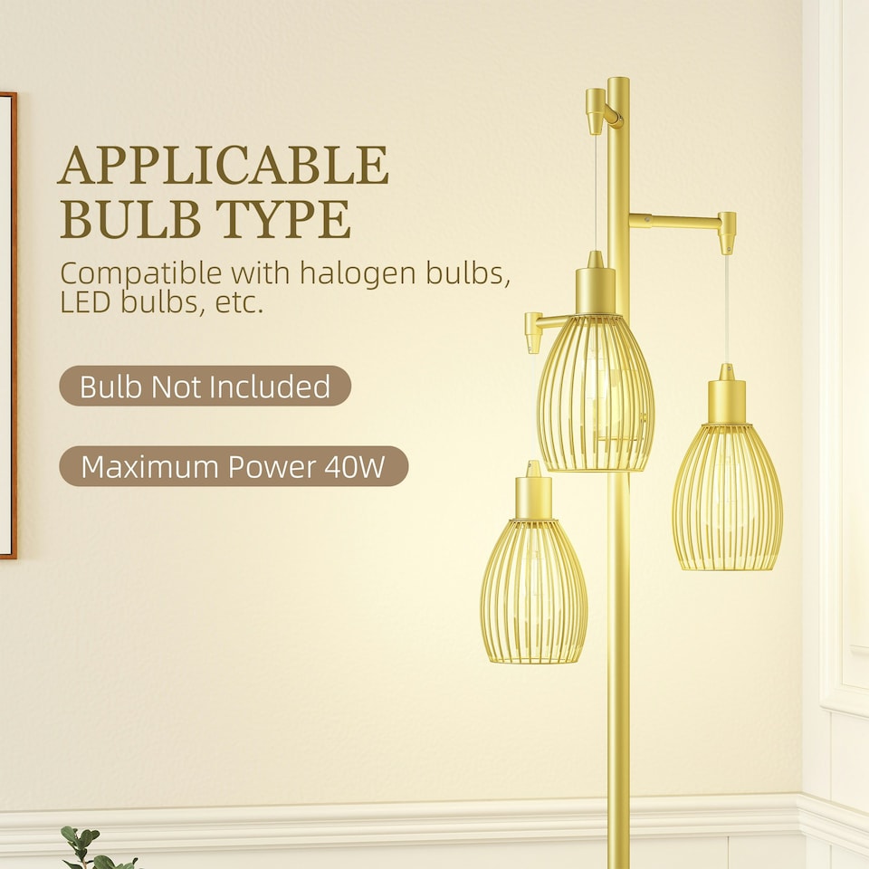 image 1 of HOMCOM Industrial 3-Light Floor Lamp Dimmable Standing Lamp, Gold