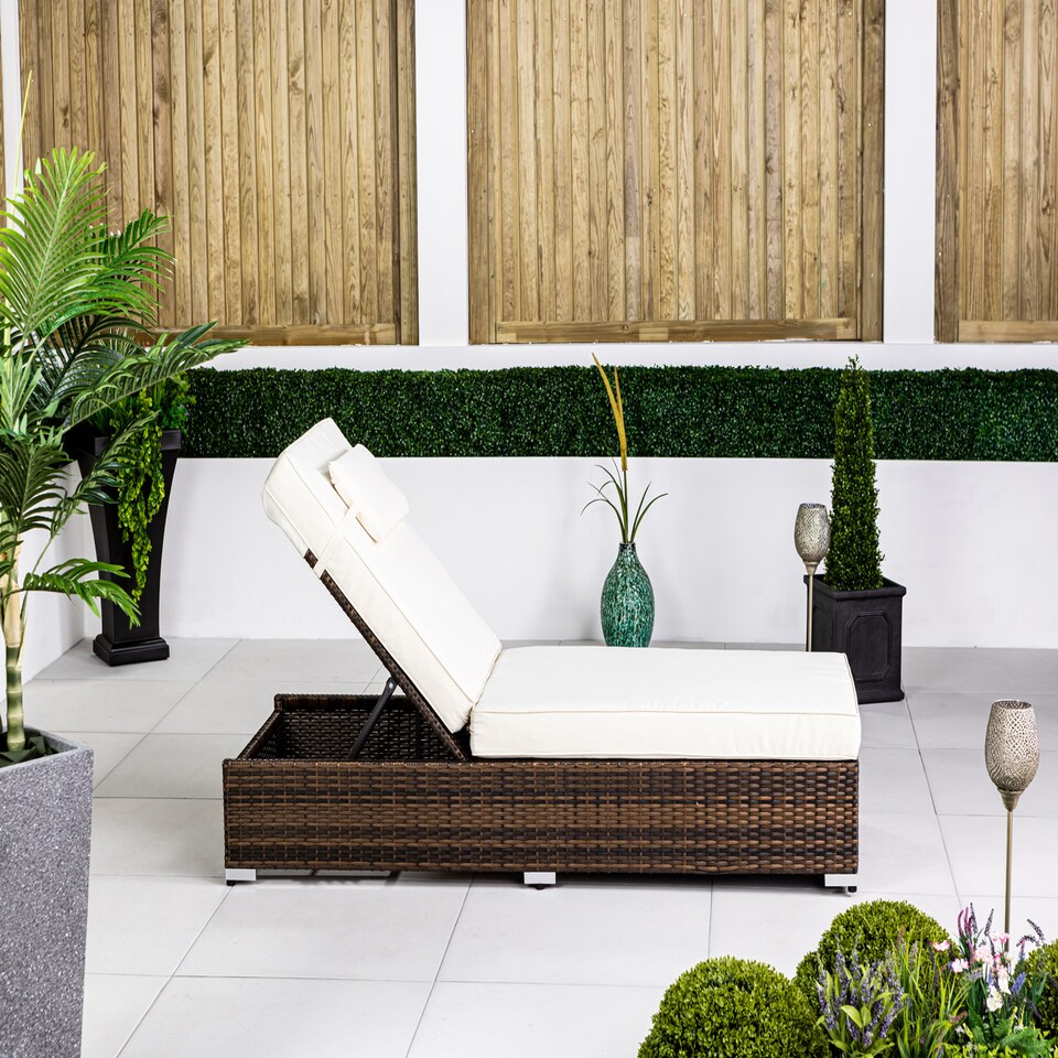 image 1 of Rattan Sun Loungers Set of 2 with Side Table Sun bed 6 Positions Cover | Brown | Brown