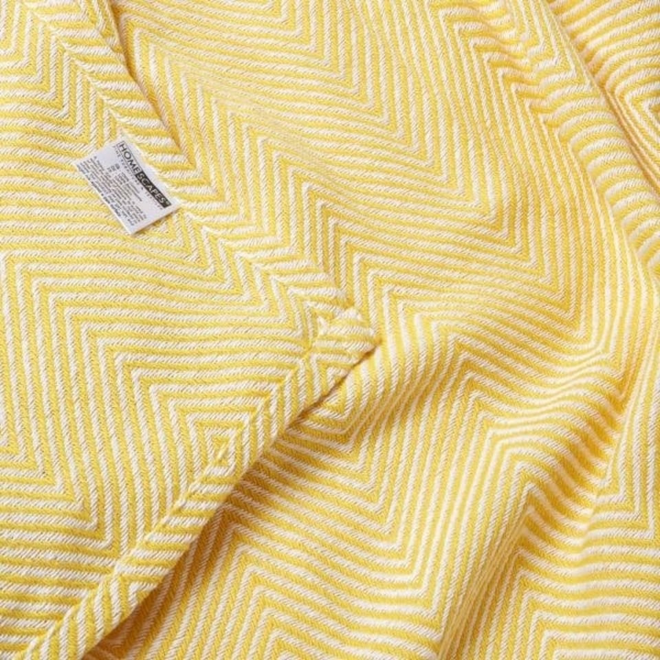 image 1 of Homescapes Cotton Halden Chevron Yellow Throw - 225 x 255 cm | Multi
