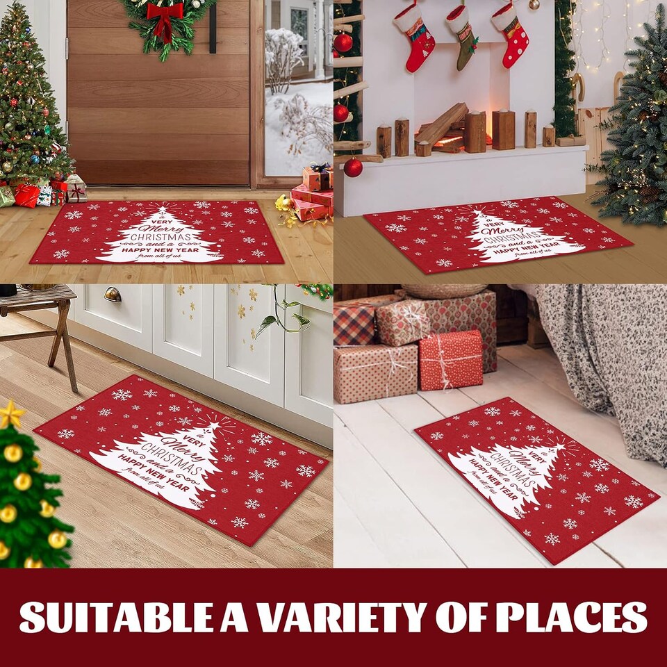 image 1 of London Boutique Christmas Doormat with Christmas Tree and Snowflake Design, Non-Slip Washable Entrance Mat, Red, 40 x 80 cm