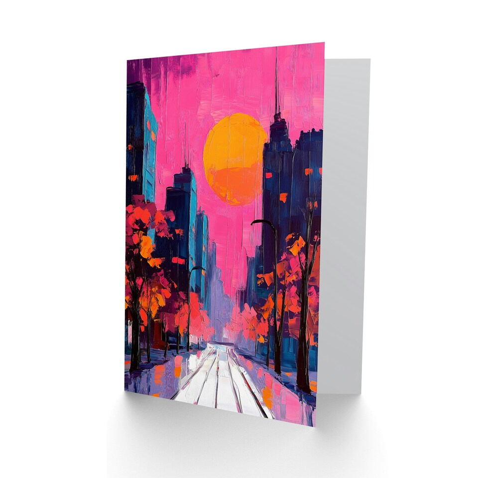 image 1 of City Street Autumn Pink Sunset Sky Cityscape Birthday Greeting Card