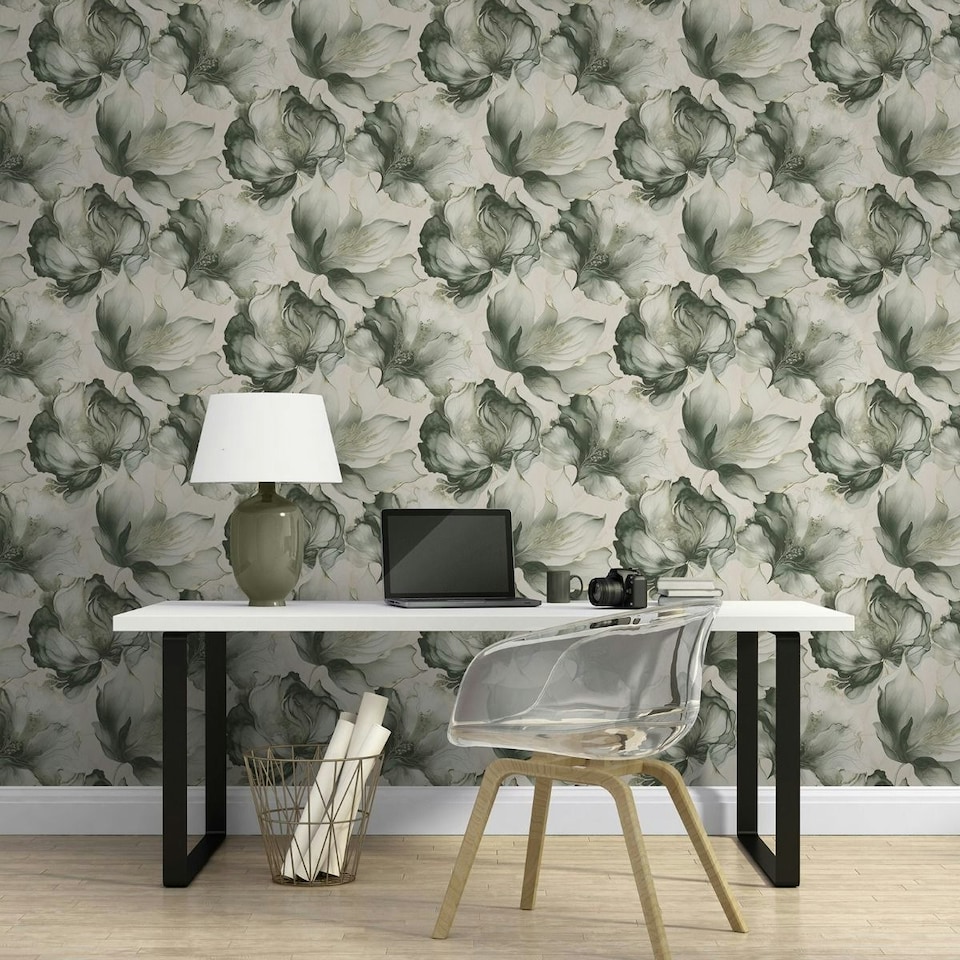 image 1 of Muriva Elysian Floral Wallpaper - Green/Gold - 10m x 0.5m Green
