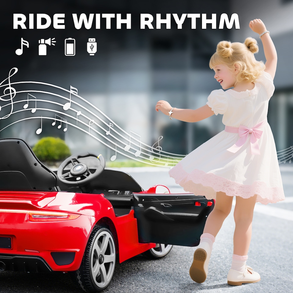 image 1 of AIYAPLAY RUF GT Licensed Electric Car for Kids, 12V Kids Ride on Car with Suspension System, Remote Control, Music, Horn, USB, Slow Start and Safety Belt for 3-5 Years Old Boys and Girls | Red