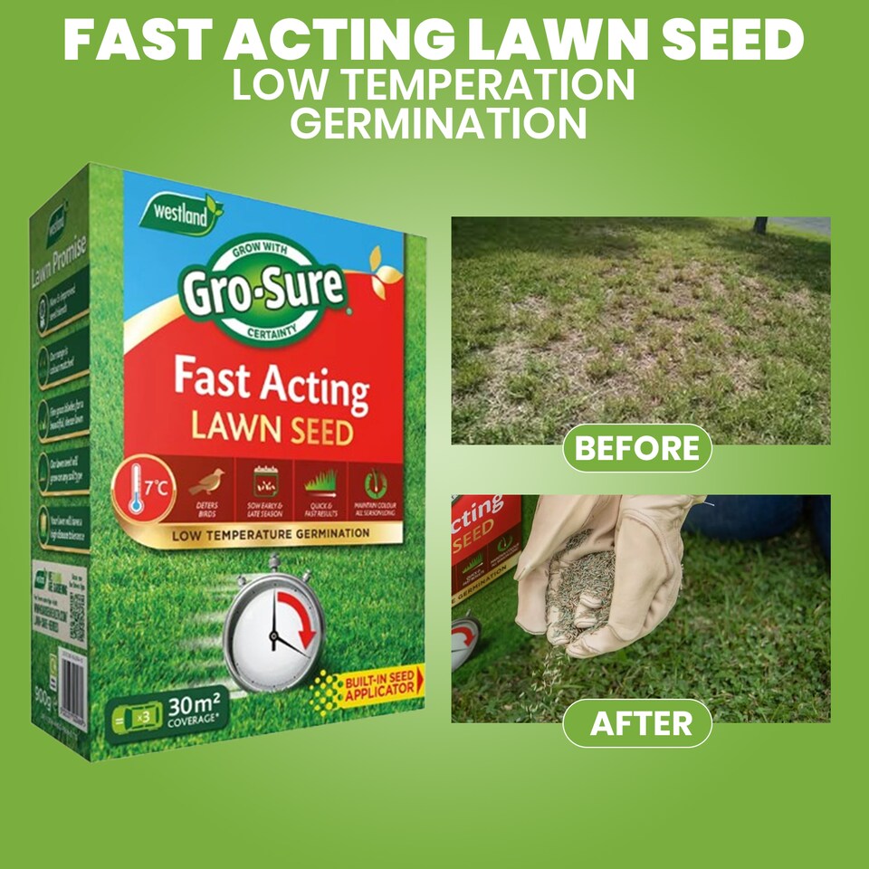 image 1 of Gro-Sure Fast Acting Lawn Seed 30 Square Meter Quick Growing Hard Wearing Grass Ideal for Bare Patches & Overseeding | Brown