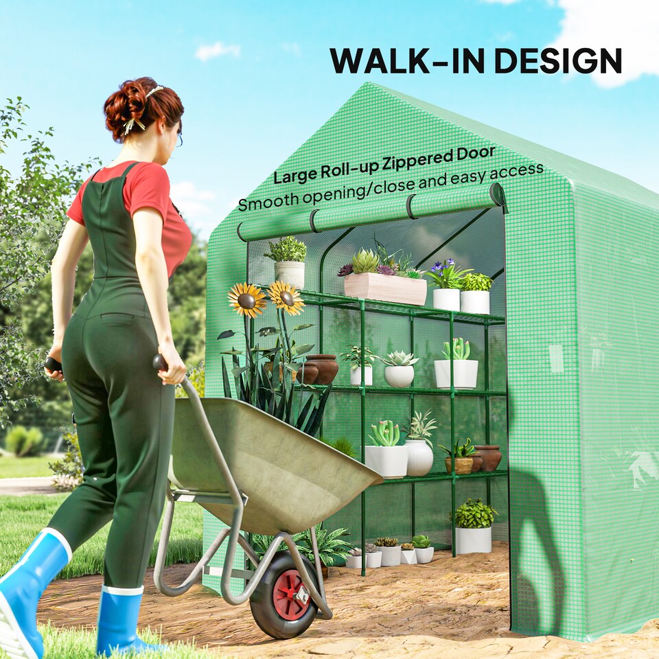 image 1 of Outsunny Walk-in Garden Greenhouse Shelves Polytunnel Steeple Grow House