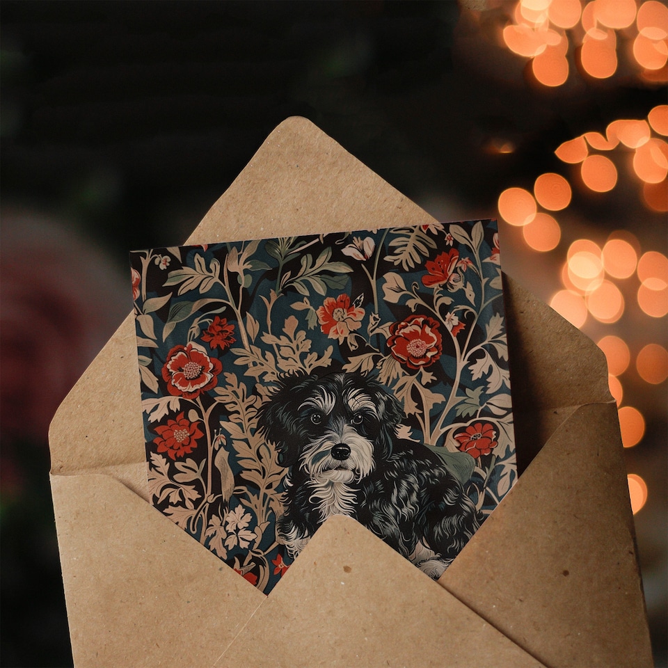 image 1 of Vintage Floral Pattern Yorkie Portrait Dog Lover Birthday Card