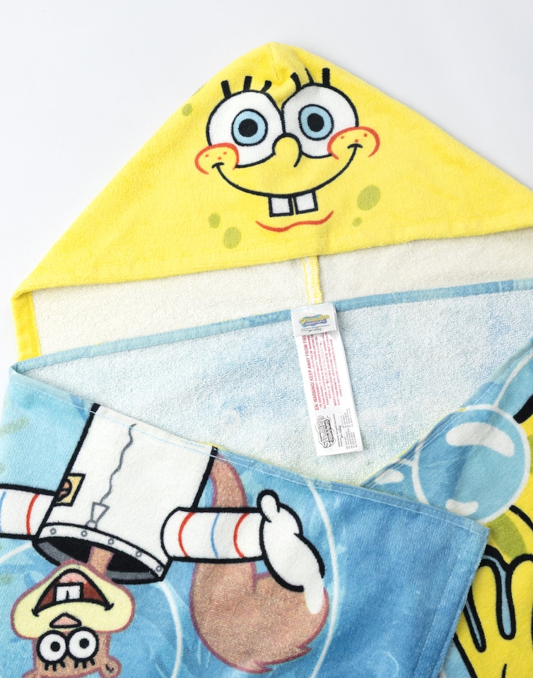 image 1 of SpongeBob SquarePants Boys Yellow & Blue Hooded Poncho Towel | Multi Character Graphic Print | Patrick Star Squidward Mr Krabs | Poolside Beachwear Towel | SpongeBob Merch