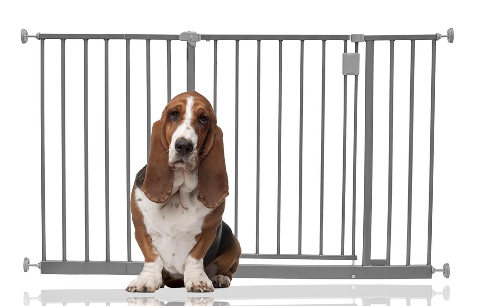 image 1 of Bettacare Extra Wide Hallway Dog Gate, 122cm - 128cm, Grey, Pressure Fit Pet Gate, Puppy Safety Barrier | Grey
