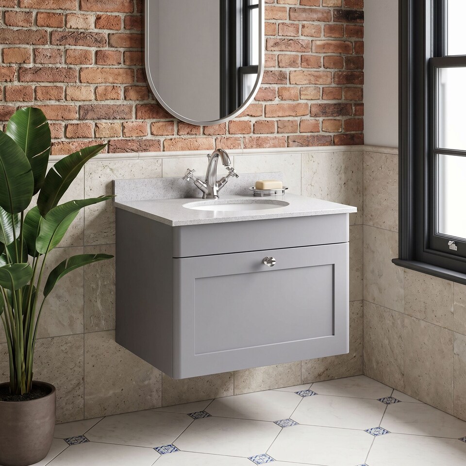 image 1 of Balterley Swynnerton Traditional 1 Drawer Wall Hung Vanity Unit with Marble Basin, Satin Grey, 600mm