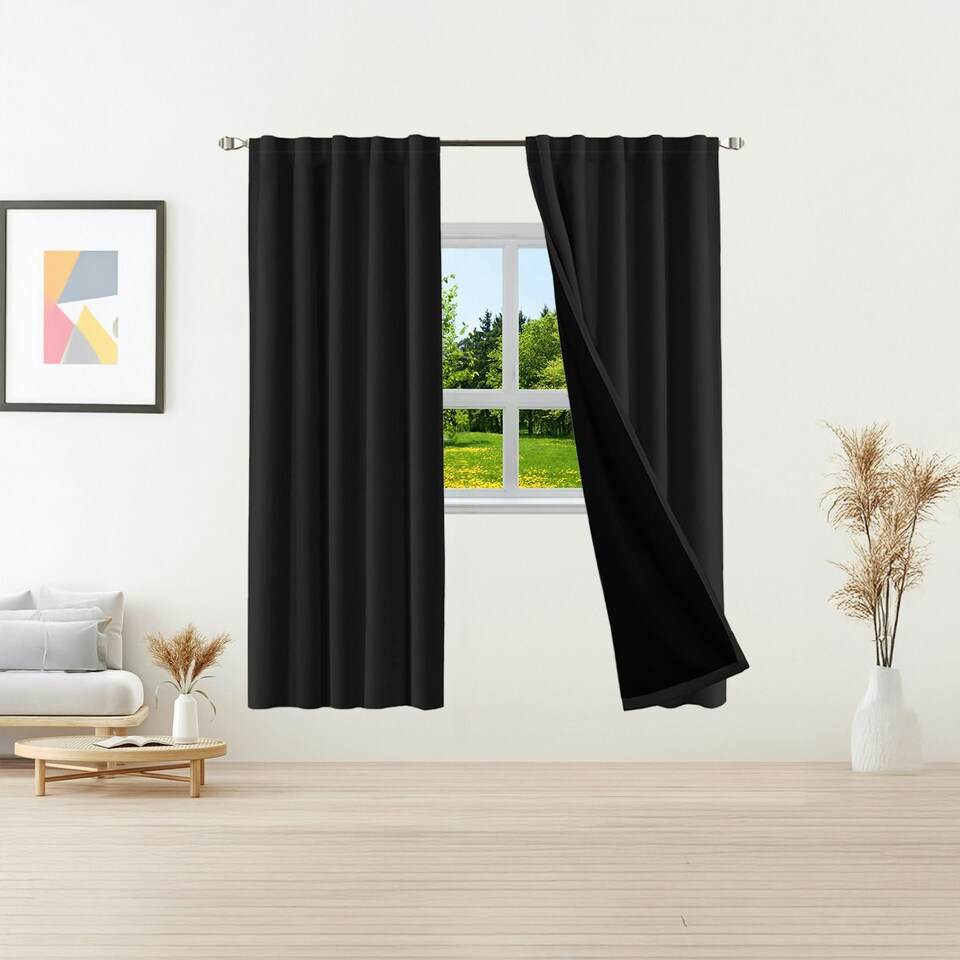 image 1 of Black Total Blackout Thermal Eyelet Curtains - 46 x 72 Inch Drop - 2 Panel Black