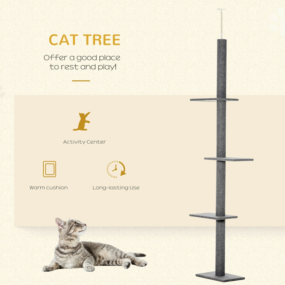 image 1 of PawHut 260cm Cat Tree Floor To Ceiling Adjustable Height, Grey