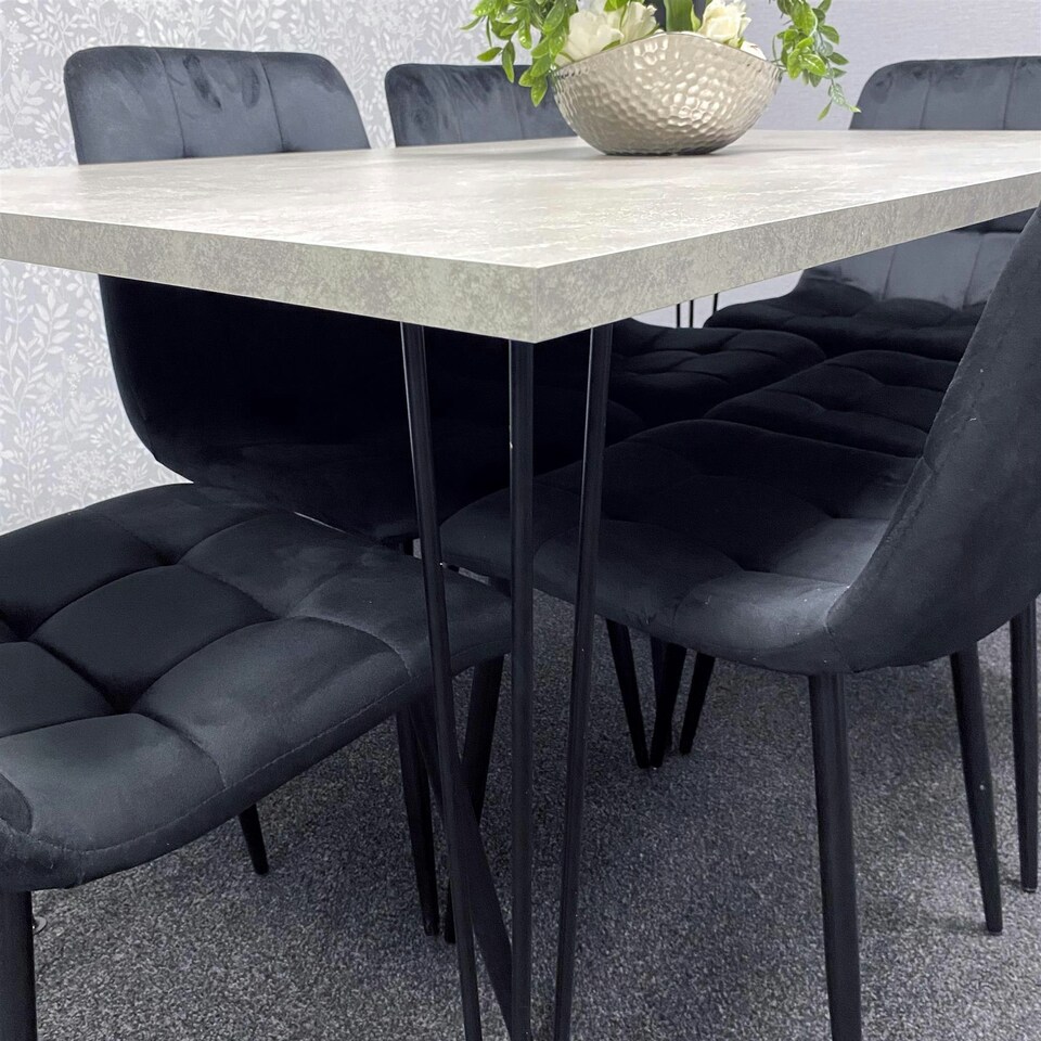 image 1 of Grey Dining Table with Hairpin Legs & 4 Black Velvet Chairs Set for Kitchen & Dining Room Grey
