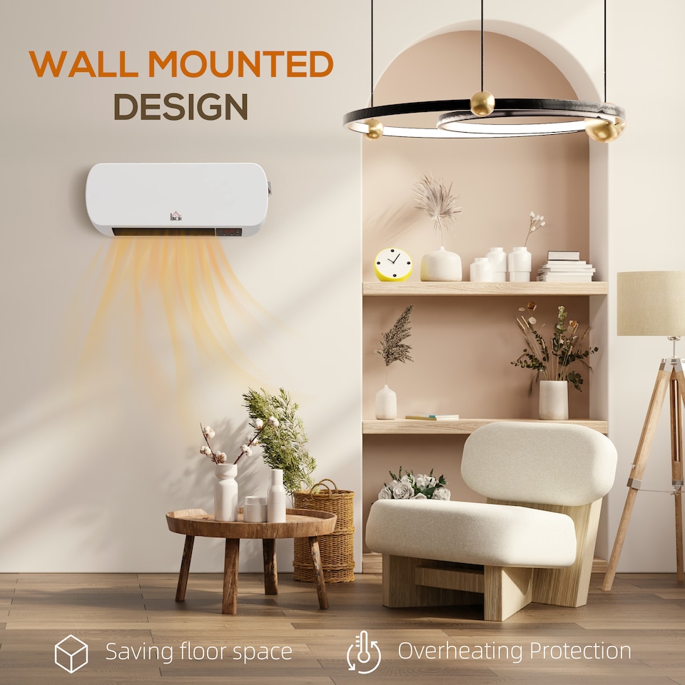 image 1 of HOMCOM Electric Heater, 2000W Wall Mounted Ceramic Space Heater with Remote Control, 3 Modes, Timer, Overheat Protection for Home, White