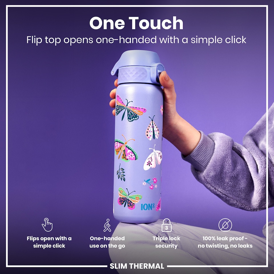 image 1 of Leak Proof Slim Water Bottle, Vacuum Insulated, 500ml (17oz) | Purple | Butterflys | One Size