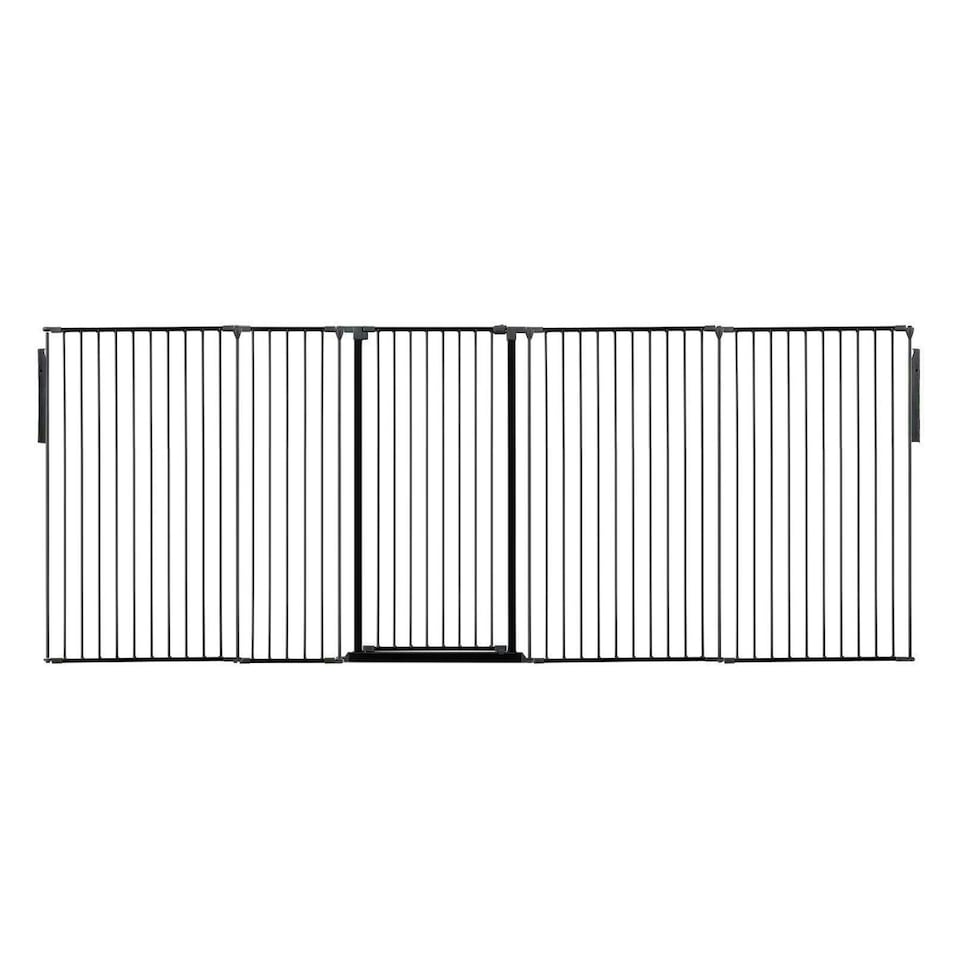 image 1 of Safetots Premium Extra Tall Room Divider, up to 344cm Wide, Black, 105cm Tall, Multi Panel Flexible Room Barrier, Room Divider with Door for Baby Black