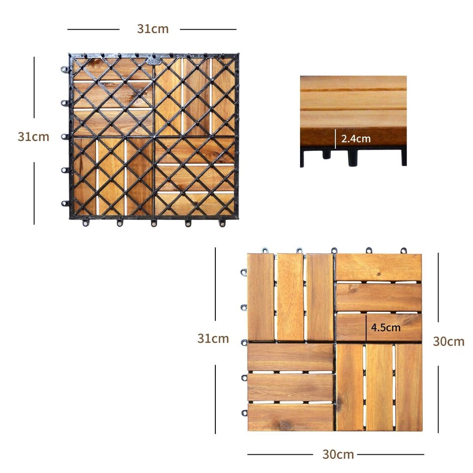 image 1 of Acacia Wood Interlocking Patio Deck Tile 27 Pcs Hardwood Flooring Tile Building