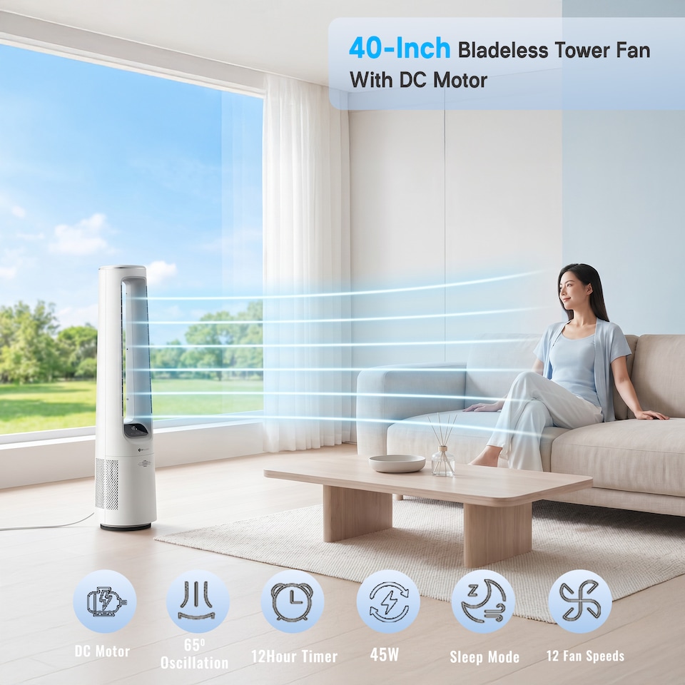 image 1 of PureMate 40" Bladeless Tower Fan with Energy-Saving 45W DC Motor – White