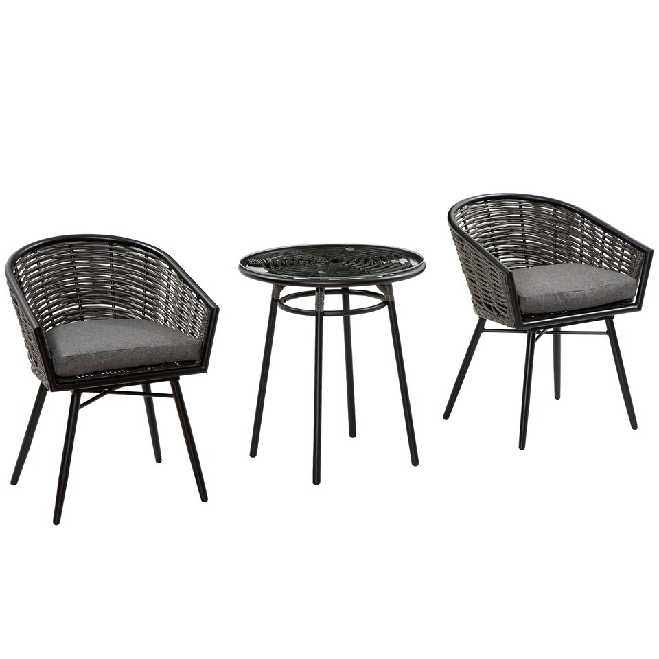 image 1 of Outsunny 3 PCS Patio Resin Wicker Hand Woven Bistro Set 2 Chairs 1 Coffee Table