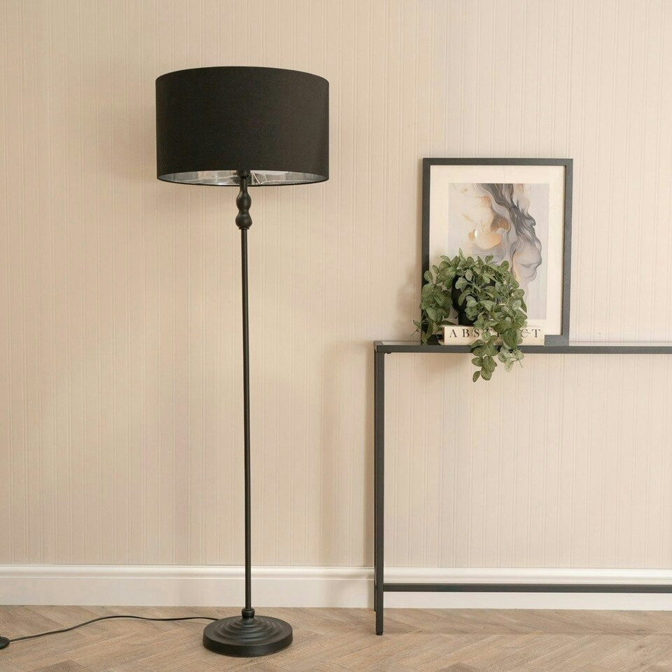 image 1 of ValueLights Maggie Black Candlestick Floor Lamp with Black with Chrome Inner Lamp Shade Black