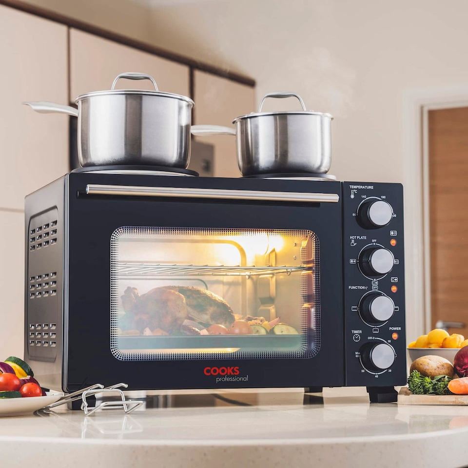 image 1 of Cooks Professional 28L Mini Oven with 2 Hobs - Electric Multifunction Countertop Cooker | Black | Black & Silver