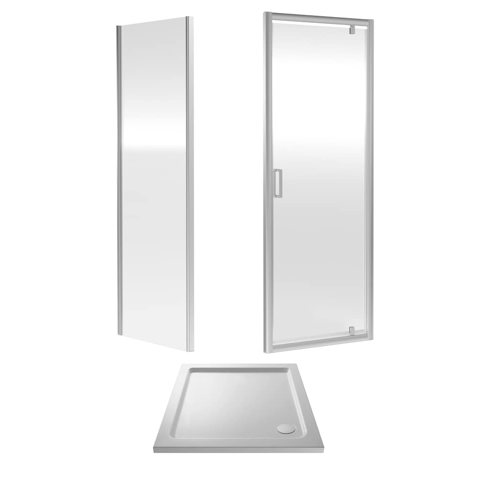 image 1 of Ruwa Pivot Suite & 6mm Glass 900x900mm Tray, Door & Side Panel Chrome | Silver | Chrome | 3
