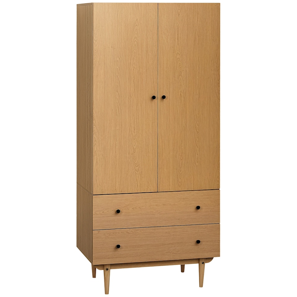 image 1 of HOMCOM 2 Door Wardrobe with 2 Drawers, Hanging Rail, Anti-tipping Design for Bedroom Clothes Storage Organiser, Natural Wood Colour