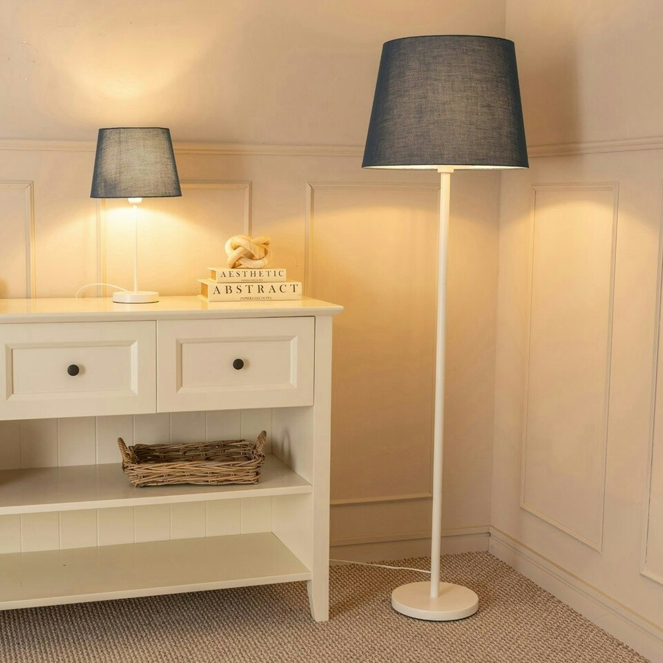 image 1 of ValueLights Charlie White Stem Table Lamp Black Taper Shade Black