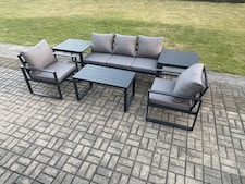 Fimous Aluminium Garden Furniture Set Patio Lounge Sofa with Oblong Coffee Table 2 Armchairs 2 Side Table Dark Grey