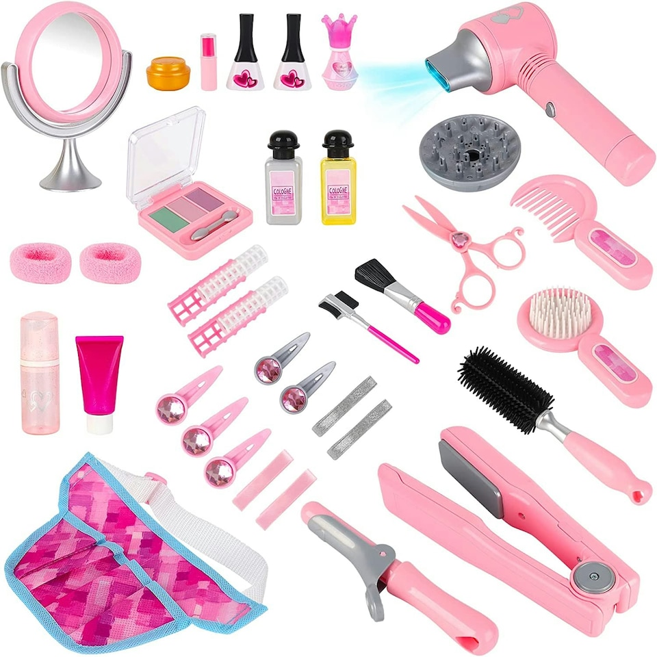 image 1 of 35-Piece Pretend Makeup & Hairdressing Set for Girls – Beauty Salon Role Play Kit with Toy Hairdryer, Mirror & Makeup – Portable Bag Included
