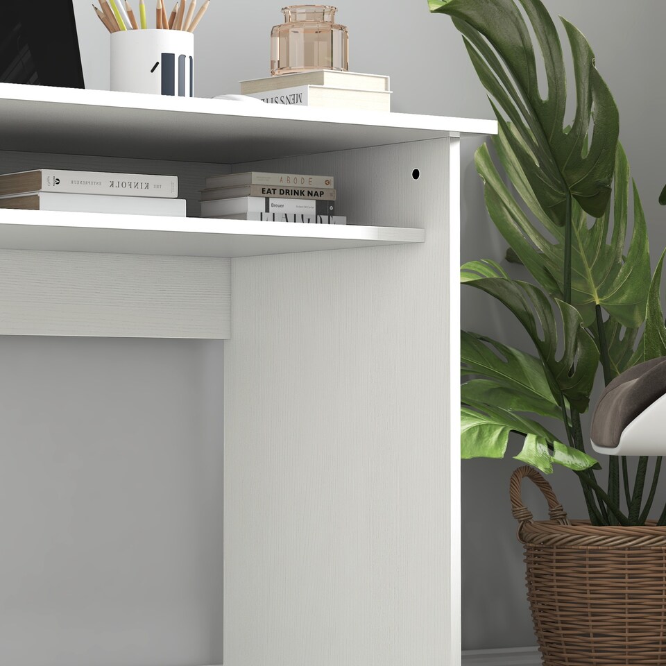 image 1 of HOMCOM Modern Computer Desk, Home Office Table, Small Writing Desk with Storage Shelf, 90 x 50cm, White Wood Grain
