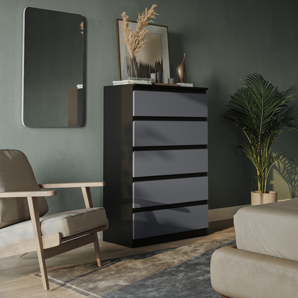 image 1 of Minimalist Chest of 5 Drawers 108.5x70x35 | Black | Black & Grey | 1