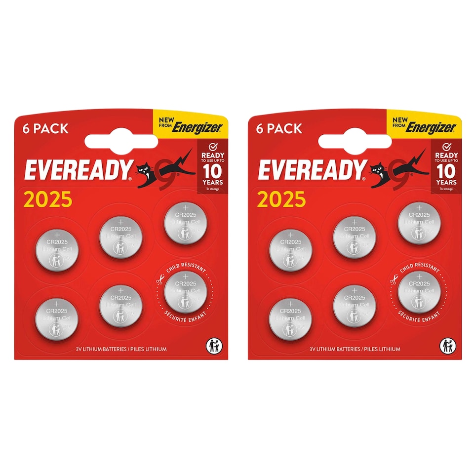 Eveready CR2025 Lithium Coin Batteries - Pack of 12