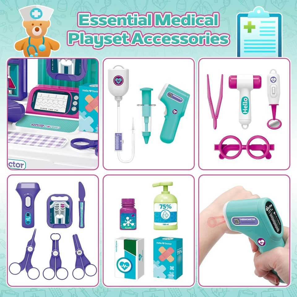 image 1 of Interactive Doctor Playset with Medical Trolley Cart Pretend Medical Tool Box Play Toy for Kids, Toddlers - Includes Doctor Tools & Accessories
