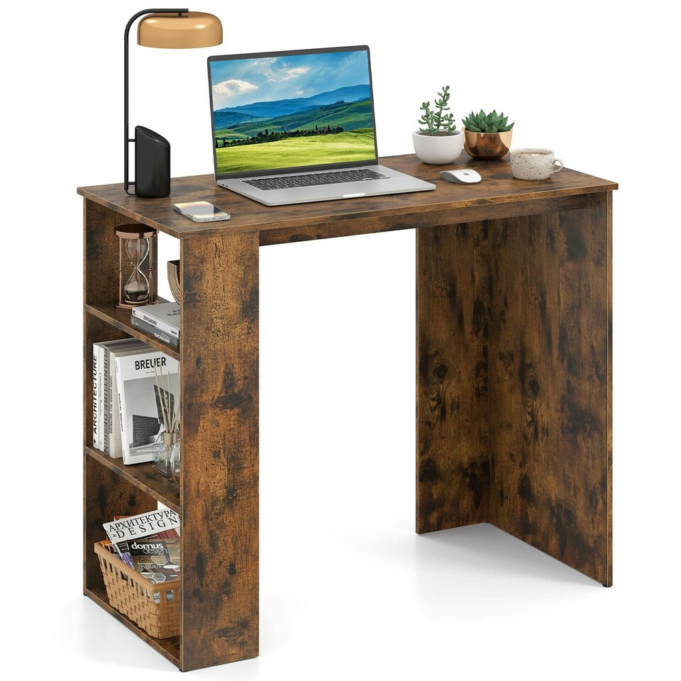 image 1 of COSTWAY Computer Desk Wooden Writing Desk w/Bookshelf Brown
