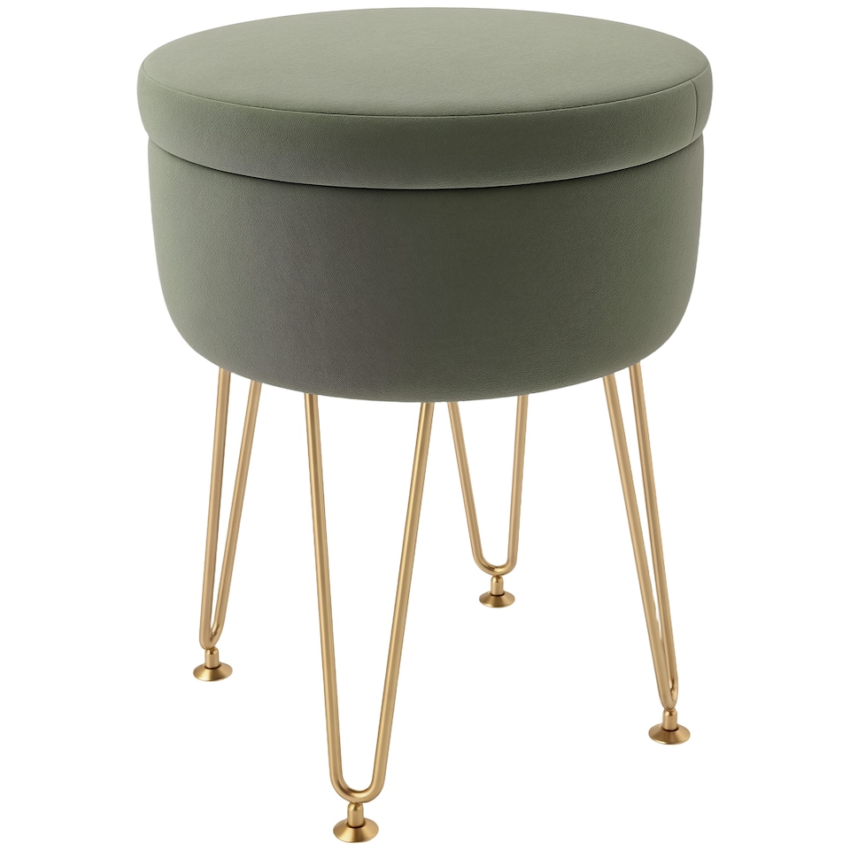 image 1 of HOMCOM 5L Velvet Storage Ottoman, Modern Round Footstool with Metal Hairpin Legs and Removable Lid, Dressing Table Stool Side Table for Hallway, Bedroom, Living Room, 33 x 33 x 43 cm, Green