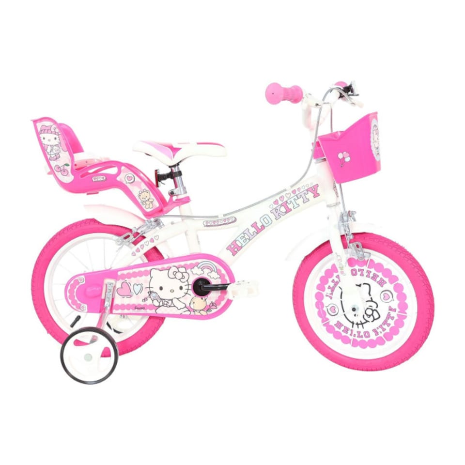 Dino Hello Kitty Girls Bike with Doll Carrier, 16" Wheel - White/Pink