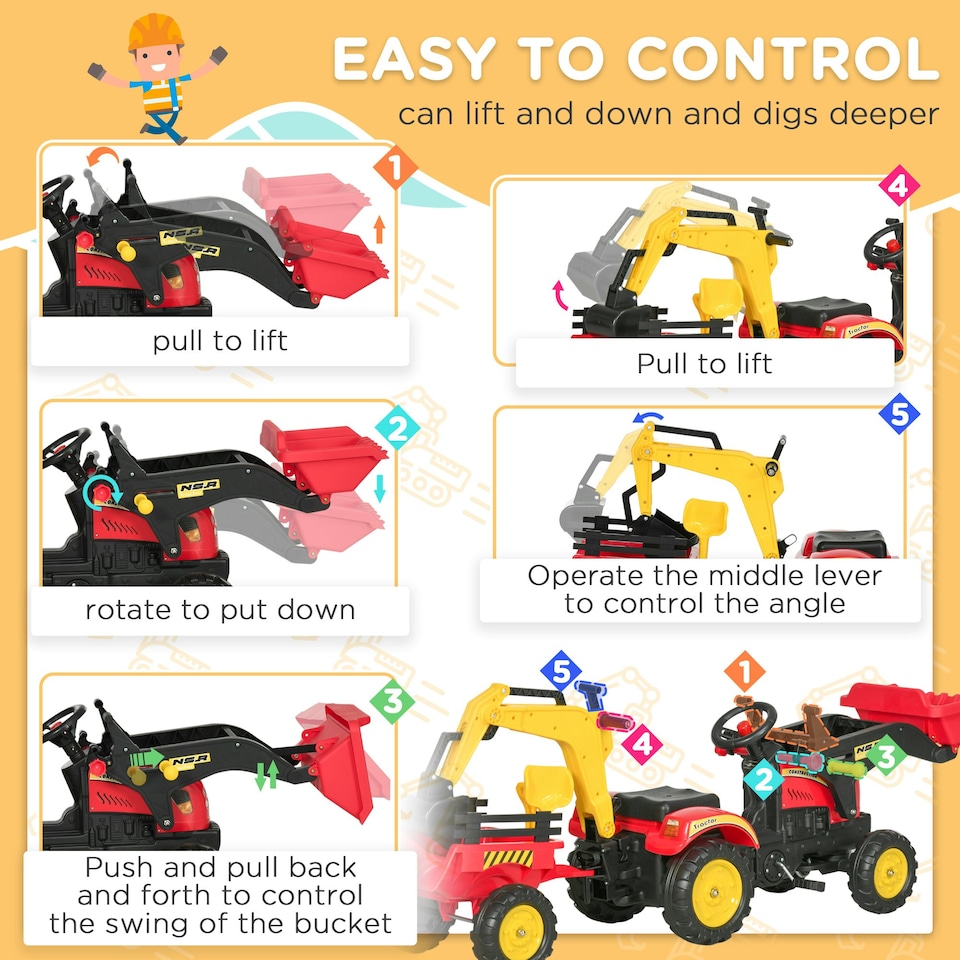 image 1 of HOMCOM Pedal Powered Tractor Ride-On Car w/ Moving Bucket Steering Wheel 3-6 Yrs