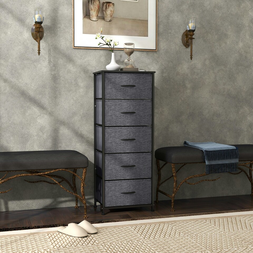 image 1 of HOMCOM 5 Drawer Fabric Chest of Drawers w/ Wooden Top, Dark Grey | Grey