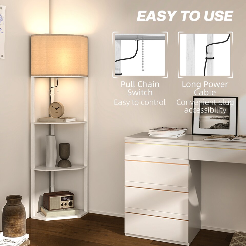 image 1 of HOMCOM Corner Modern Floor Lamp with Shelves for Living Room, Bedroom, White